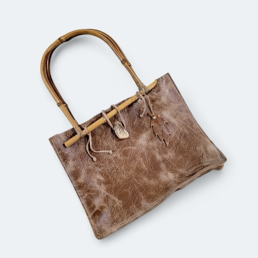 Brown Leather-Textured Tote Bag with Bamboo Handles